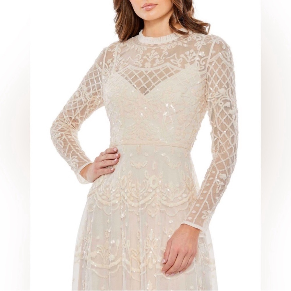 MAC DUGGAL nude sequin three quarter sleeve midi dress - Picture 3 of 11